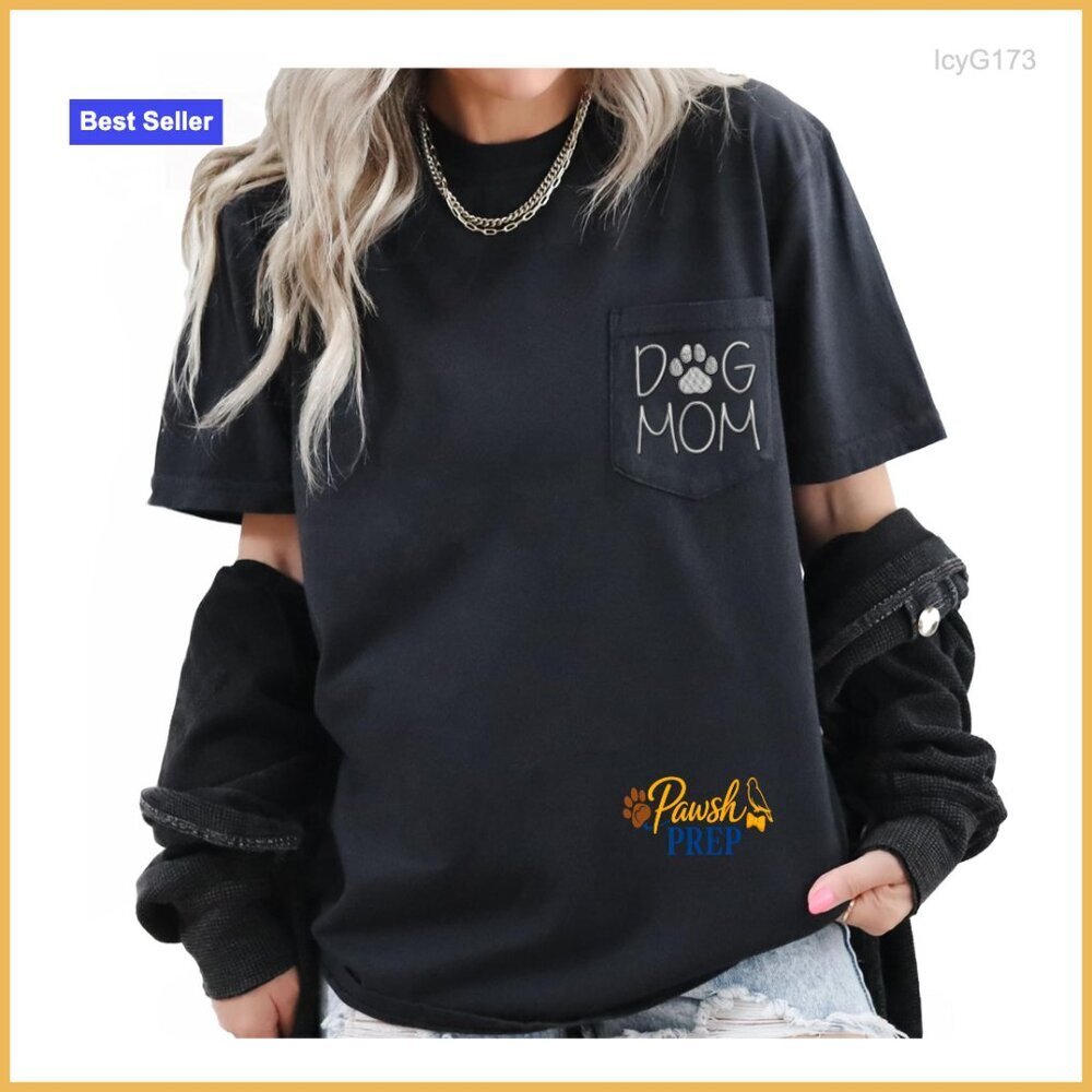 Dog Mom Embroidered Pocket T-Shirt Women's Classic Fit Cotton Blend